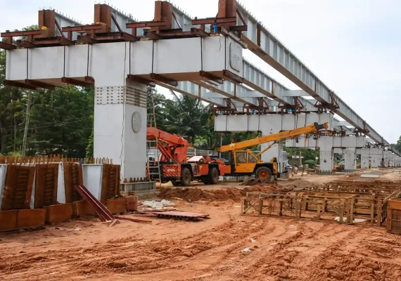 Elevated construction with cranes and girders