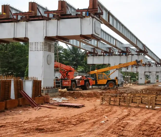 Elevated construction with cranes and girders
