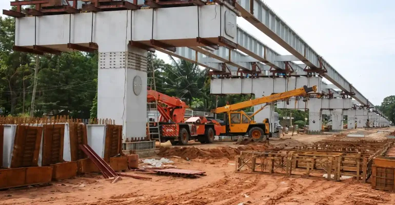 Elevated construction with cranes and girders